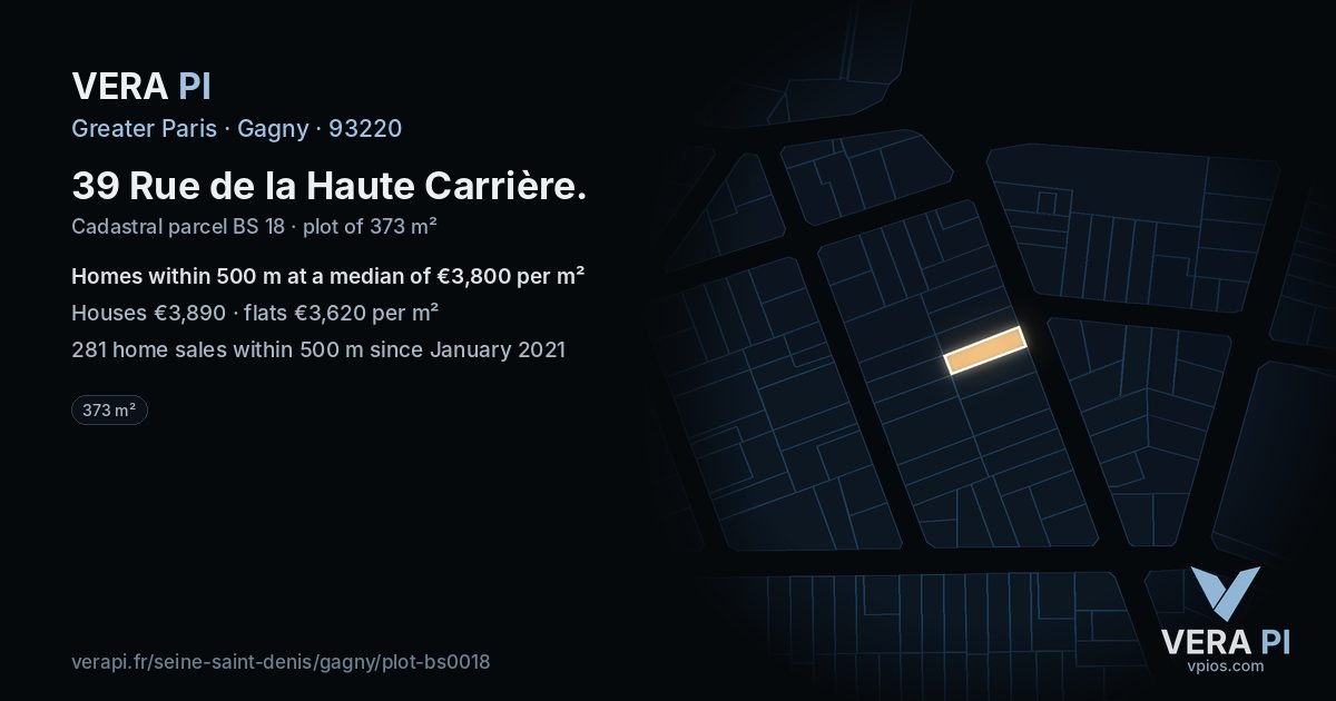 39 Rue de la Haute Carrière, Gagny at night – the plot lit, the parcels around coloured by the prices near them