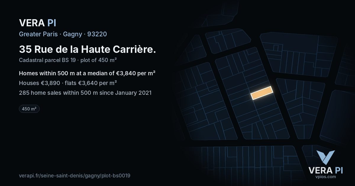 35 Rue de la Haute Carrière, Gagny at night – the plot lit, the parcels around coloured by the prices near them