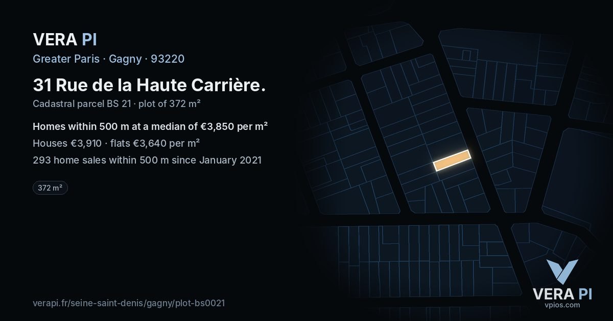 31 Rue de la Haute Carrière, Gagny at night – the plot lit, the parcels around coloured by the prices near them