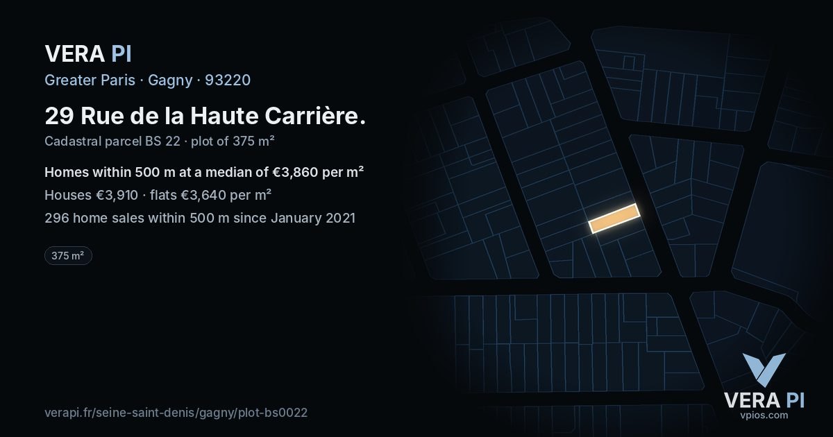 29 Rue de la Haute Carrière, Gagny at night – the plot lit, the parcels around coloured by the prices near them