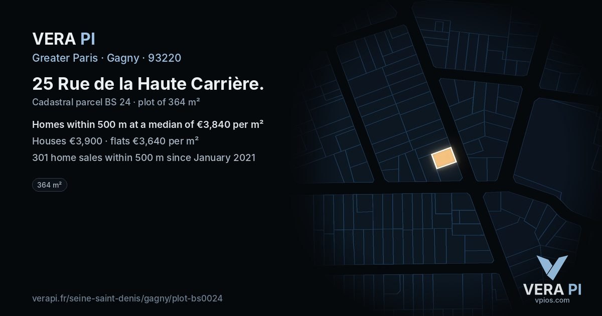 25 Rue de la Haute Carrière, Gagny at night – the plot lit, the parcels around coloured by the prices near them