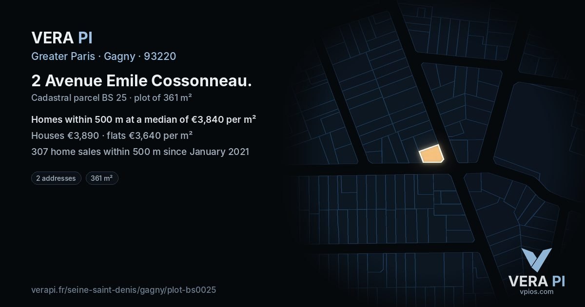2 Avenue Emile Cossonneau, Gagny at night – the plot lit, the parcels around coloured by the prices near them