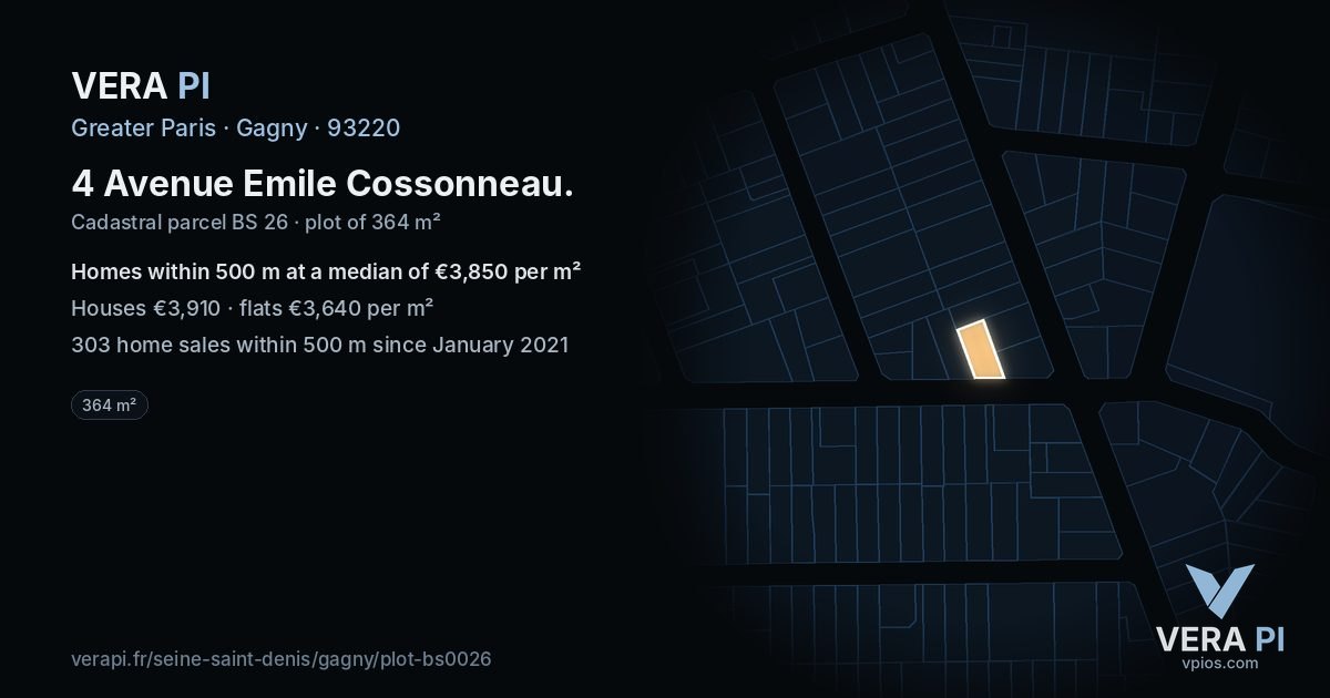 4 Avenue Emile Cossonneau, Gagny at night – the plot lit, the parcels around coloured by the prices near them