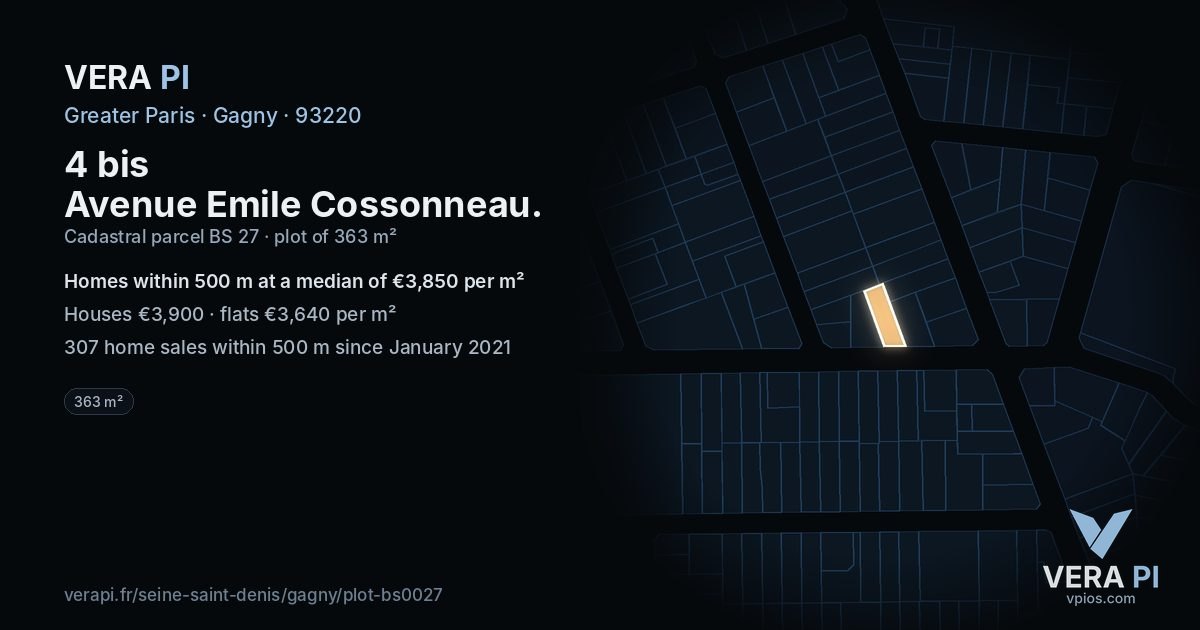 4 bis Avenue Emile Cossonneau, Gagny at night – the plot lit, the parcels around coloured by the prices near them