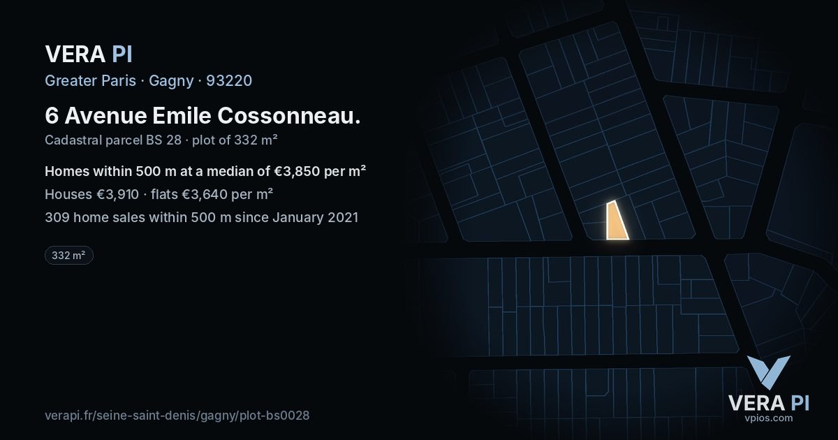 6 Avenue Emile Cossonneau, Gagny at night – the plot lit, the parcels around coloured by the prices near them