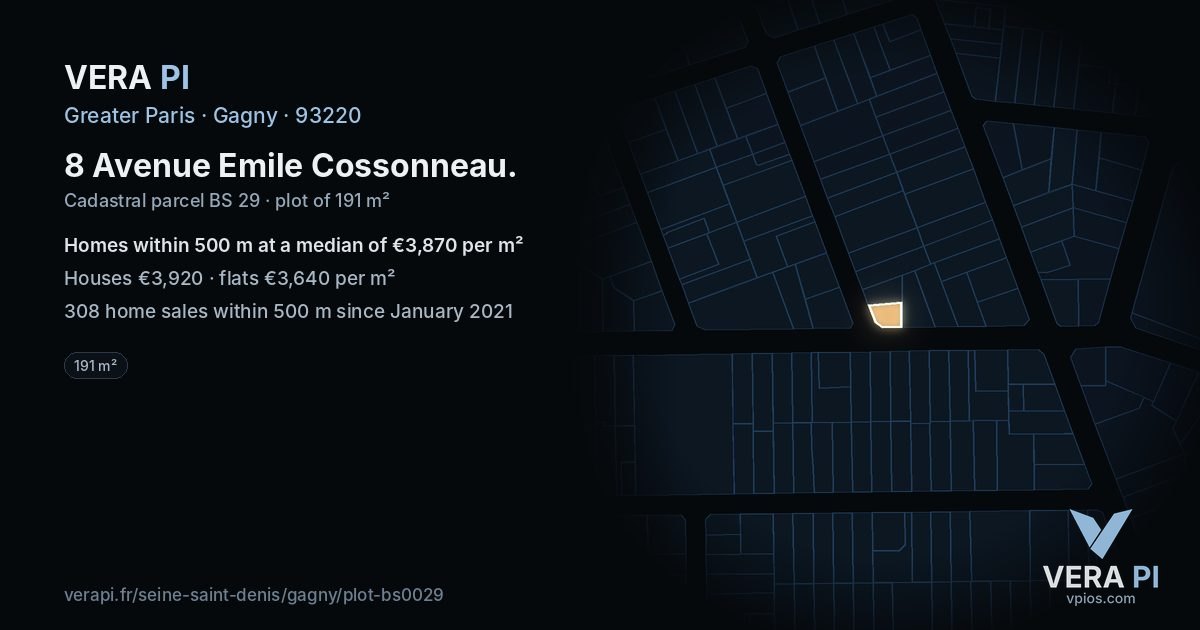 8 Avenue Emile Cossonneau, Gagny at night – the plot lit, the parcels around coloured by the prices near them