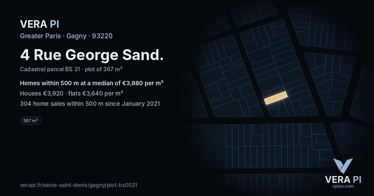 4 Rue George Sand, Gagny at night – the plot lit, the parcels around coloured by the prices near them