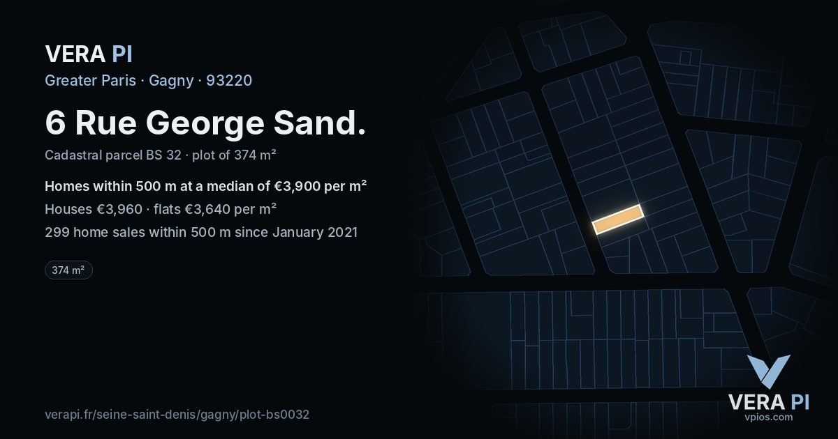 6 Rue George Sand, Gagny at night – the plot lit, the parcels around coloured by the prices near them
