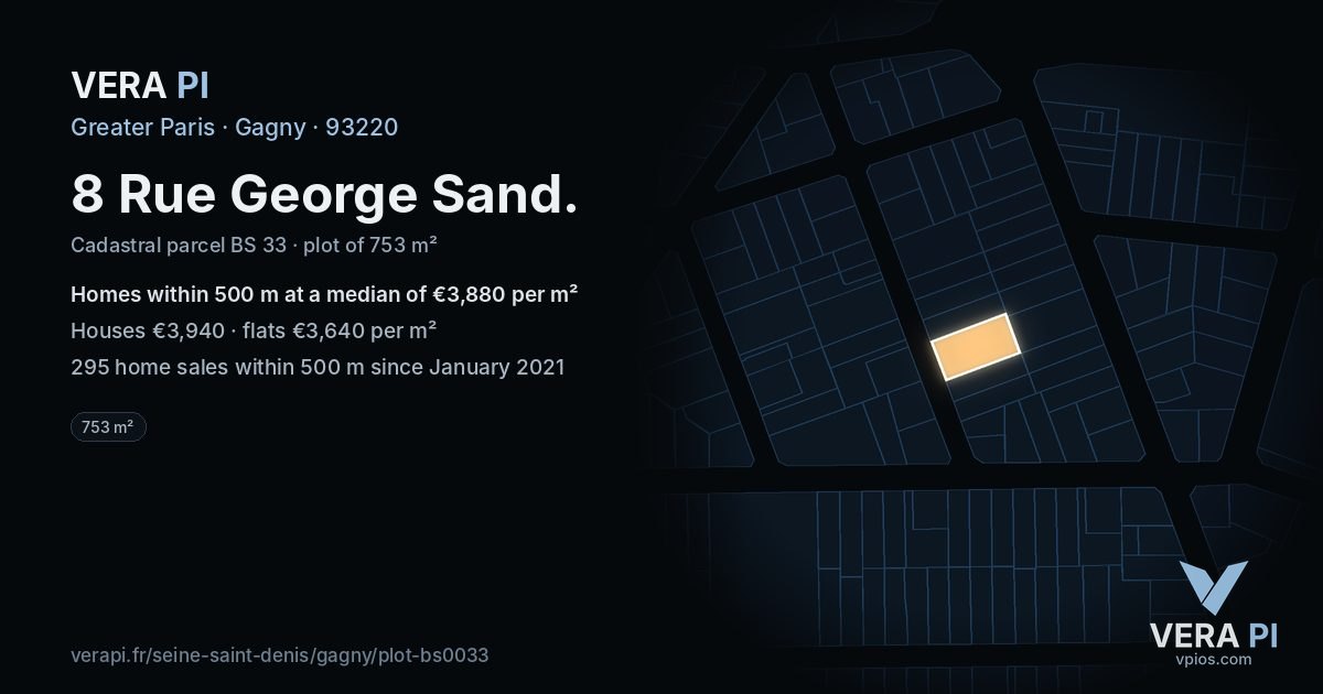 8 Rue George Sand, Gagny at night – the plot lit, the parcels around coloured by the prices near them