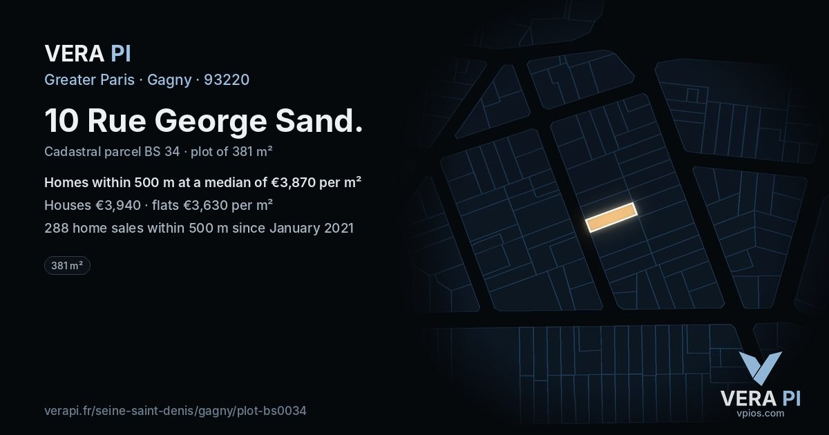 10 Rue George Sand, Gagny at night – the plot lit, the parcels around coloured by the prices near them