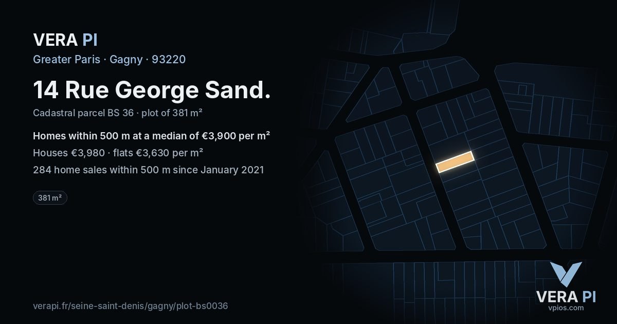 14 Rue George Sand, Gagny at night – the plot lit, the parcels around coloured by the prices near them