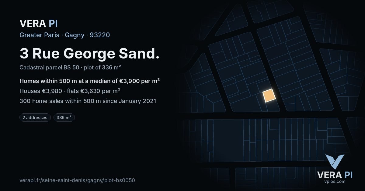 3 Rue George Sand, Gagny at night – the plot lit, the parcels around coloured by the prices near them
