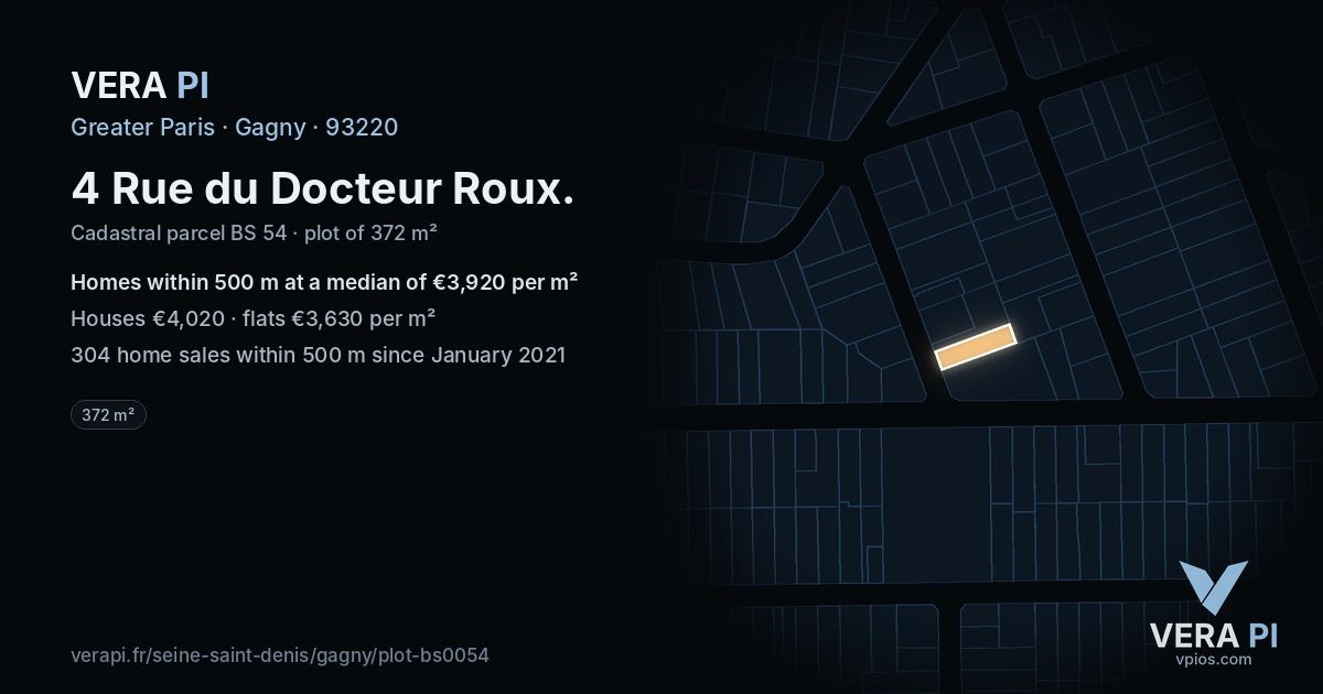 4 Rue du Docteur Roux, Gagny at night – the plot lit, the parcels around coloured by the prices near them