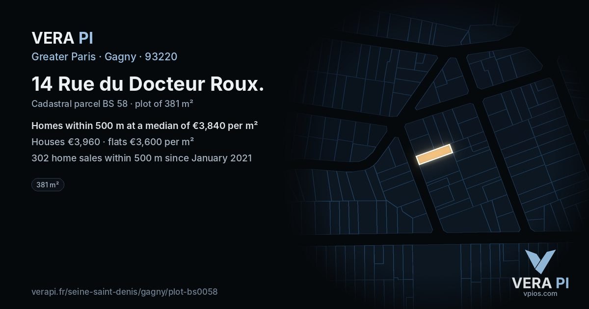 14 Rue du Docteur Roux, Gagny at night – the plot lit, the parcels around coloured by the prices near them
