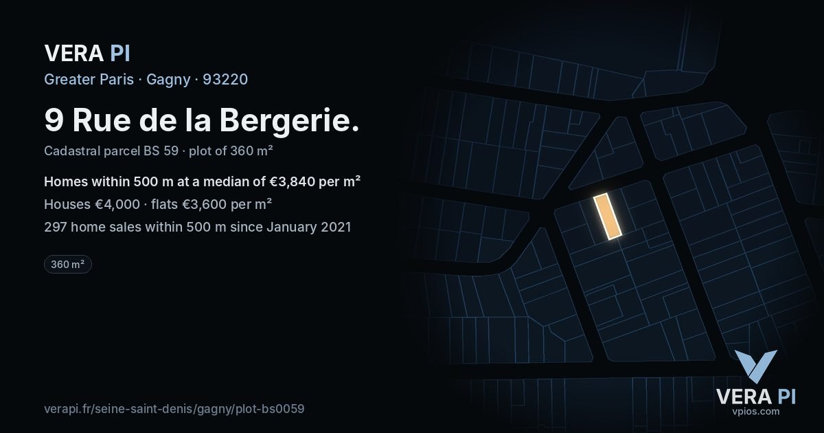 9 Rue de la Bergerie, Gagny at night – the plot lit, the parcels around coloured by the prices near them