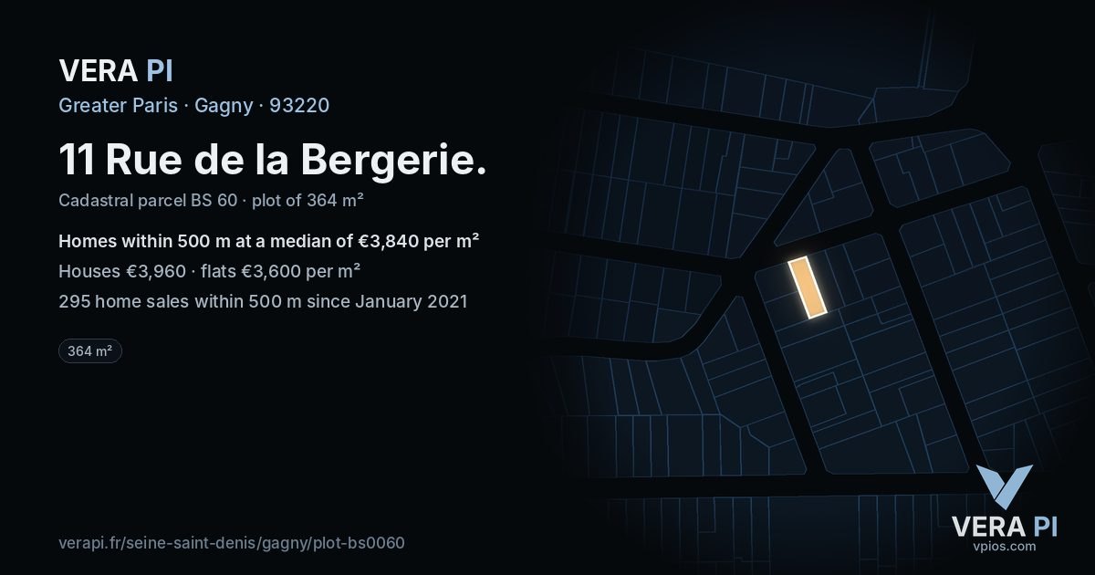 11 Rue de la Bergerie, Gagny at night – the plot lit, the parcels around coloured by the prices near them
