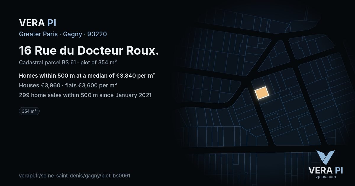 16 Rue du Docteur Roux, Gagny at night – the plot lit, the parcels around coloured by the prices near them