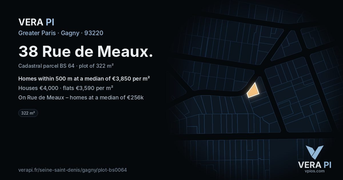 38 Rue de Meaux, Gagny at night – the plot lit, the parcels around coloured by the prices near them