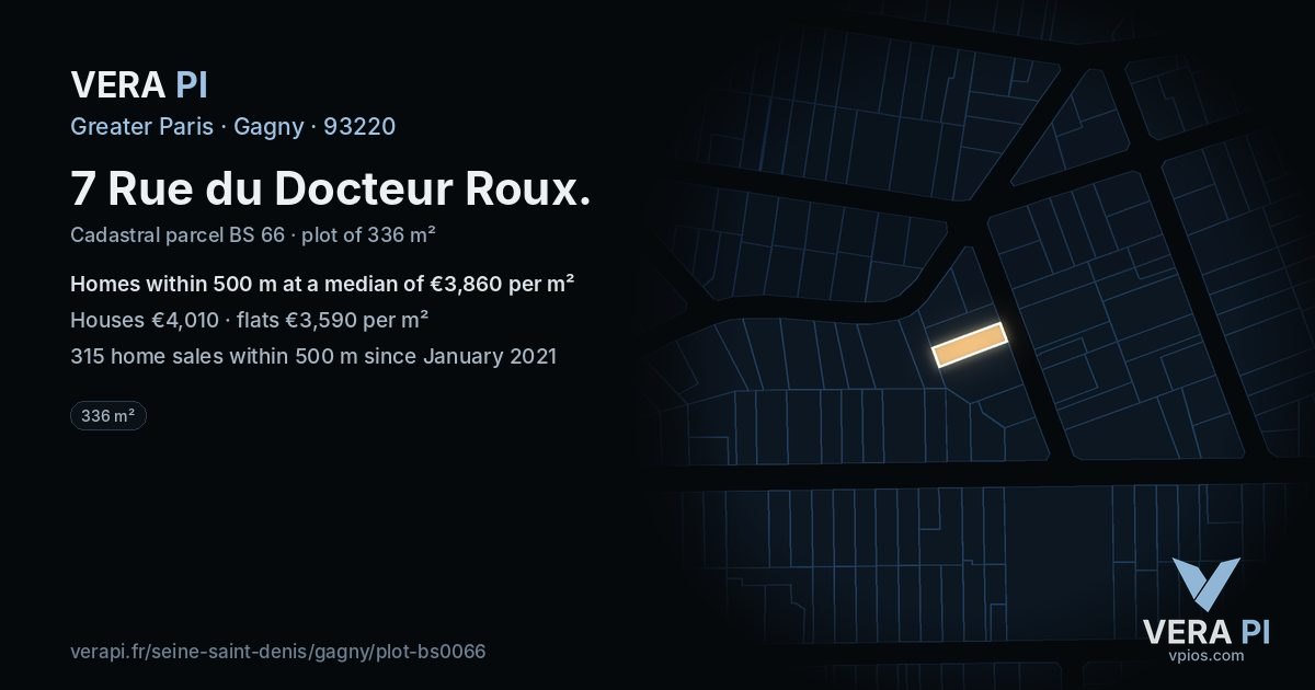 7 Rue du Docteur Roux, Gagny at night – the plot lit, the parcels around coloured by the prices near them