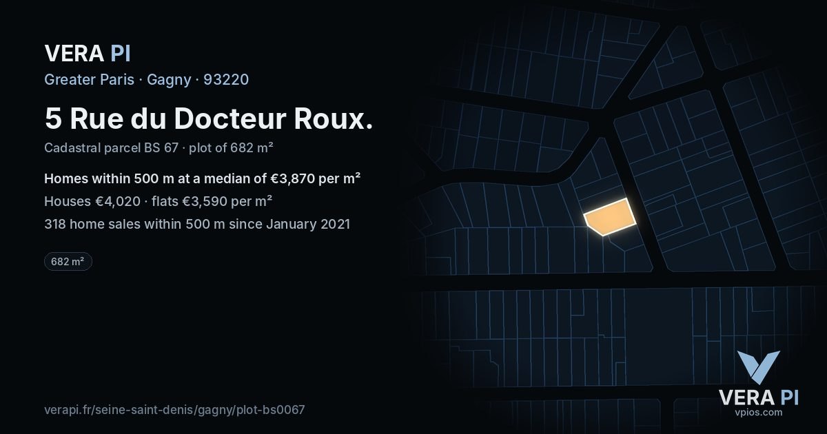 5 Rue du Docteur Roux, Gagny at night – the plot lit, the parcels around coloured by the prices near them