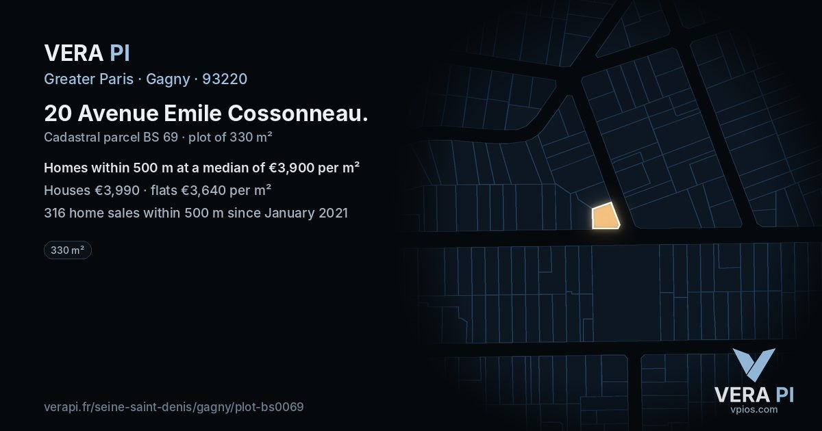 20 Avenue Emile Cossonneau, Gagny at night – the plot lit, the parcels around coloured by the prices near them