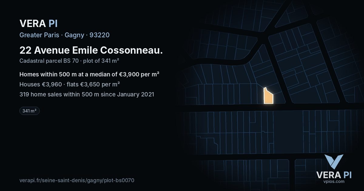22 Avenue Emile Cossonneau, Gagny at night – the plot lit, the parcels around coloured by the prices near them
