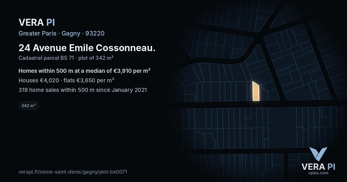 24 Avenue Emile Cossonneau, Gagny at night – the plot lit, the parcels around coloured by the prices near them