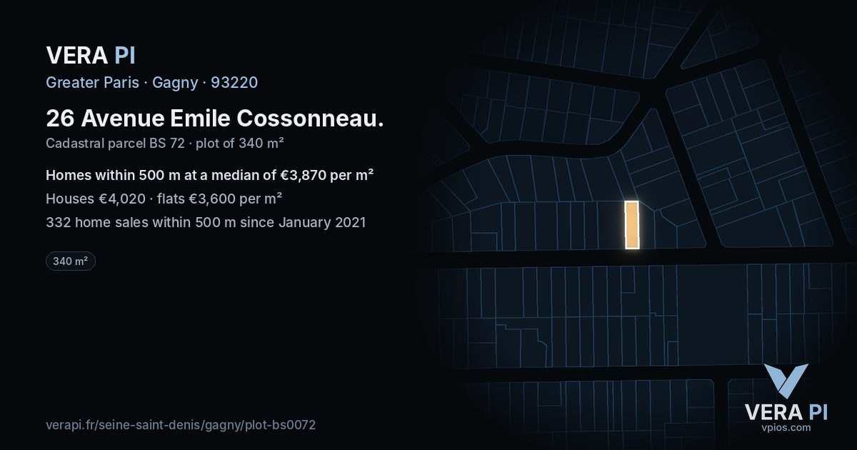 26 Avenue Emile Cossonneau, Gagny at night – the plot lit, the parcels around coloured by the prices near them