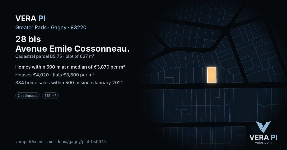 28 bis Avenue Emile Cossonneau, Gagny at night – the plot lit, the parcels around coloured by the prices near them