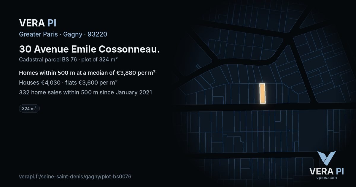 30 Avenue Emile Cossonneau, Gagny at night – the plot lit, the parcels around coloured by the prices near them