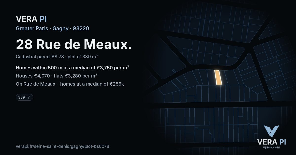28 Rue de Meaux, Gagny at night – the plot lit, the parcels around coloured by the prices near them