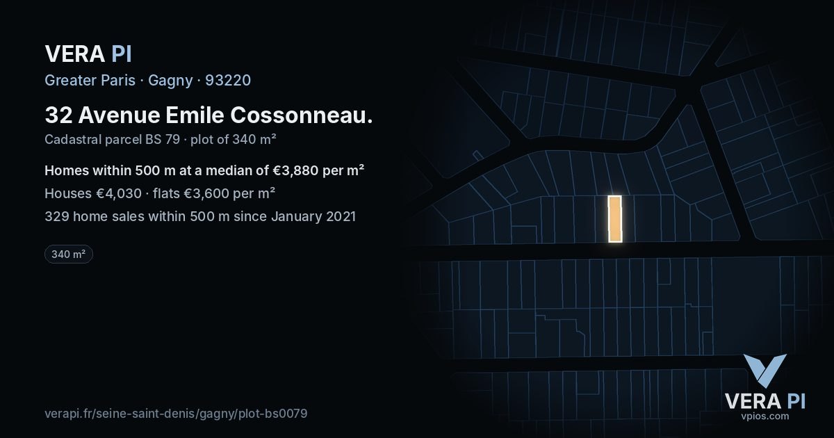 32 Avenue Emile Cossonneau, Gagny at night – the plot lit, the parcels around coloured by the prices near them