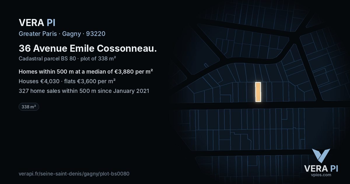 36 Avenue Emile Cossonneau, Gagny at night – the plot lit, the parcels around coloured by the prices near them