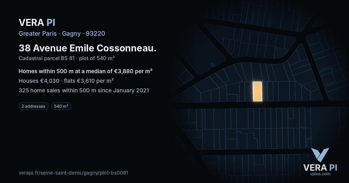 38 Avenue Emile Cossonneau, Gagny at night – the plot lit, the parcels around coloured by the prices near them