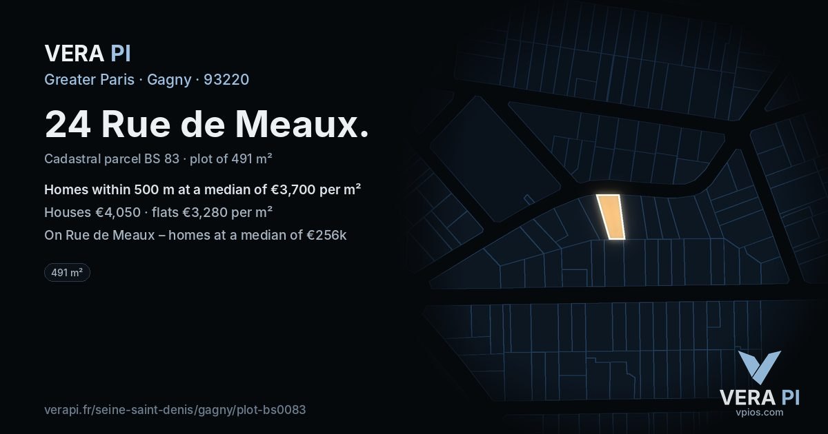 24 Rue de Meaux, Gagny at night – the plot lit, the parcels around coloured by the prices near them