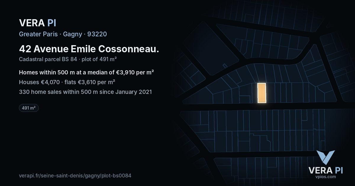 42 Avenue Emile Cossonneau, Gagny at night – the plot lit, the parcels around coloured by the prices near them