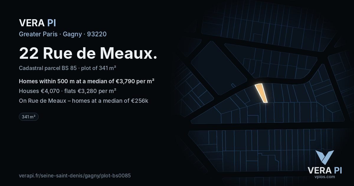 22 Rue de Meaux, Gagny at night – the plot lit, the parcels around coloured by the prices near them