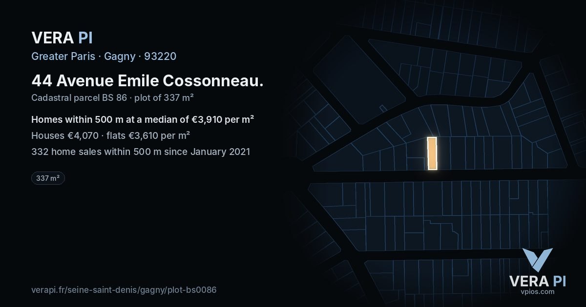 44 Avenue Emile Cossonneau, Gagny at night – the plot lit, the parcels around coloured by the prices near them