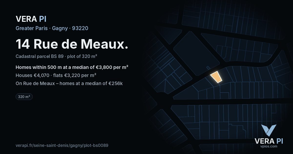 14 Rue de Meaux, Gagny at night – the plot lit, the parcels around coloured by the prices near them