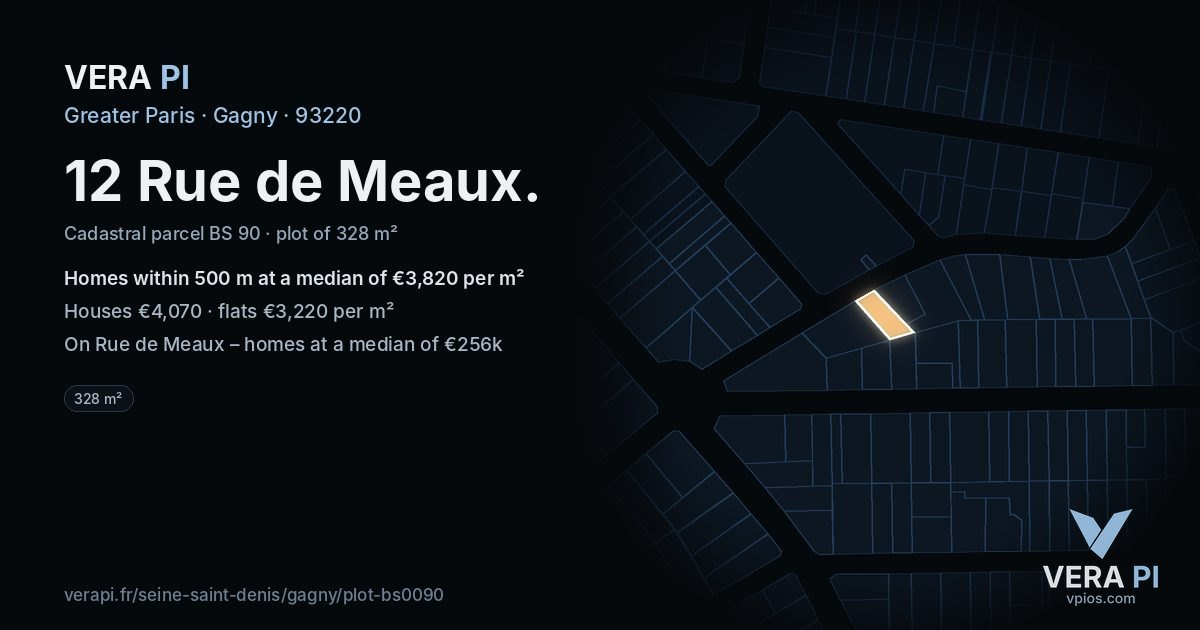 12 Rue de Meaux, Gagny at night – the plot lit, the parcels around coloured by the prices near them