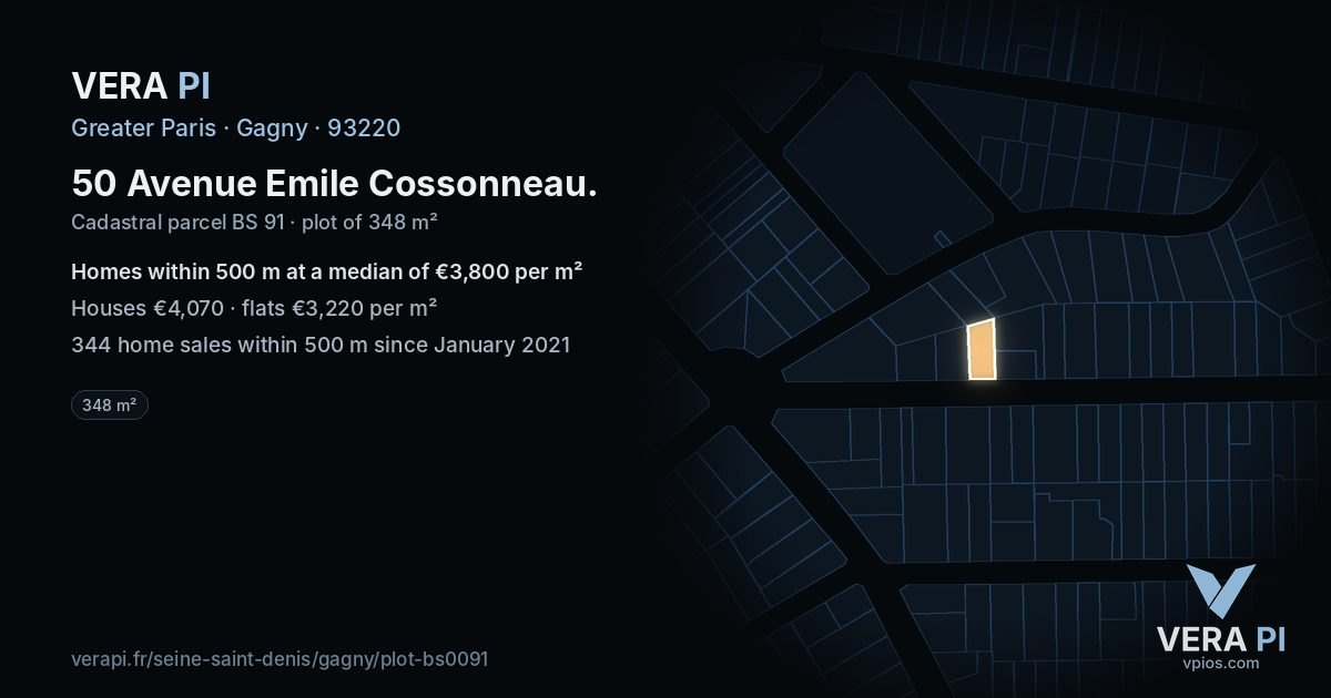 50 Avenue Emile Cossonneau, Gagny at night – the plot lit, the parcels around coloured by the prices near them