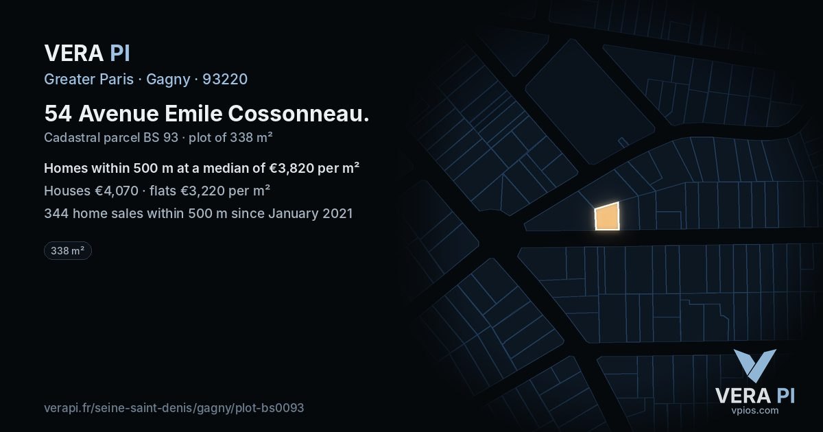 54 Avenue Emile Cossonneau, Gagny at night – the plot lit, the parcels around coloured by the prices near them