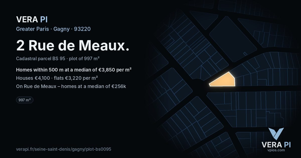 2 Rue de Meaux, Gagny at night – the plot lit, the parcels around coloured by the prices near them