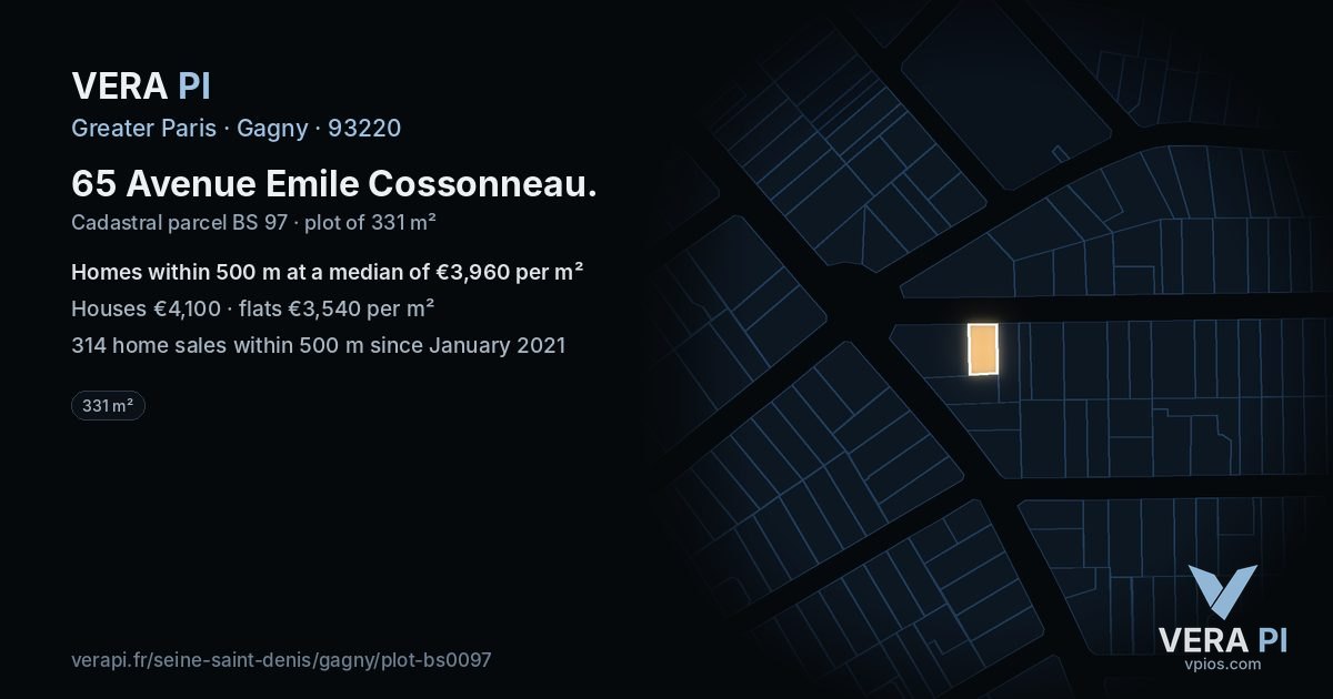 65 Avenue Emile Cossonneau, Gagny at night – the plot lit, the parcels around coloured by the prices near them
