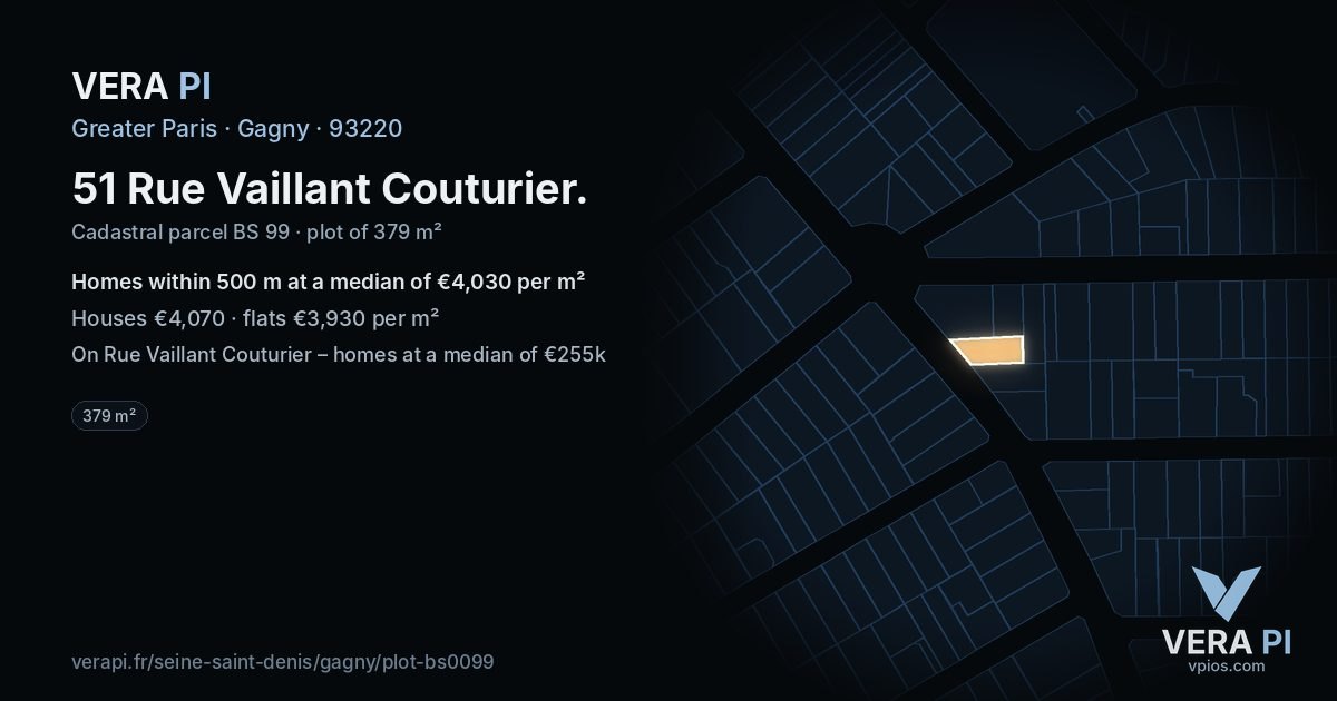 51 Rue Vaillant Couturier, Gagny at night – the plot lit, the parcels around coloured by the prices near them