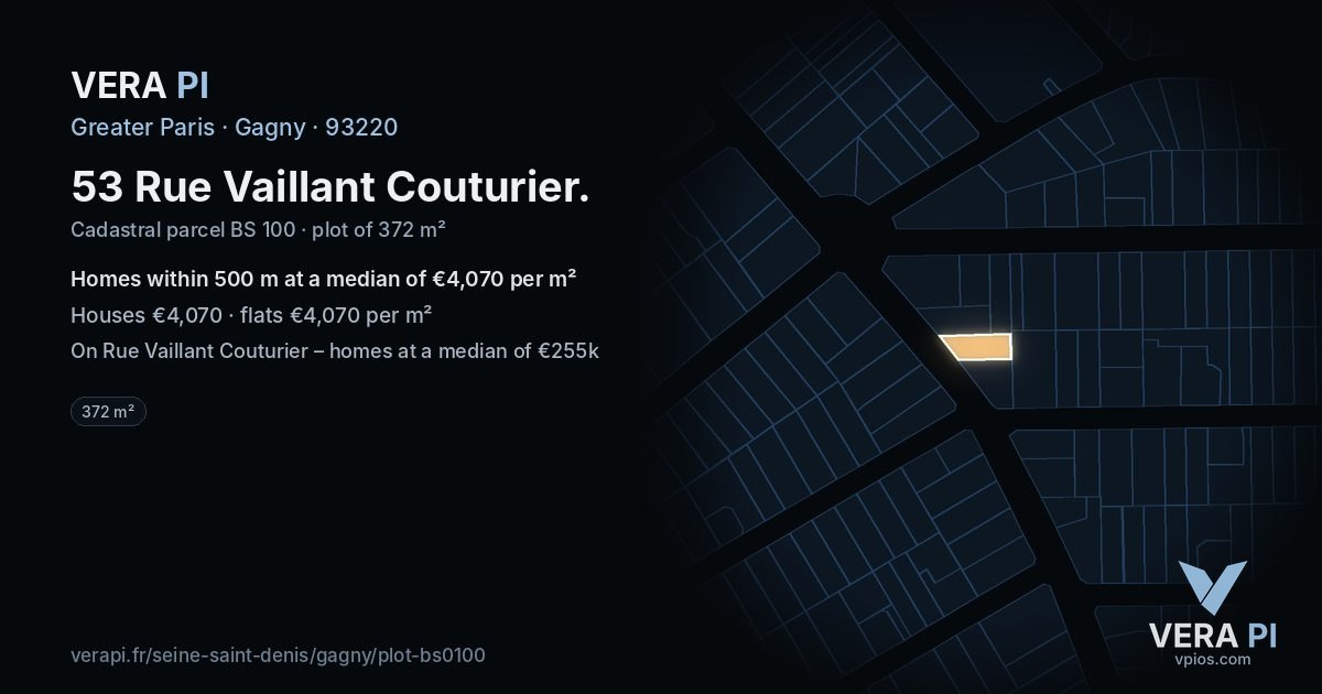 53 Rue Vaillant Couturier, Gagny at night – the plot lit, the parcels around coloured by the prices near them