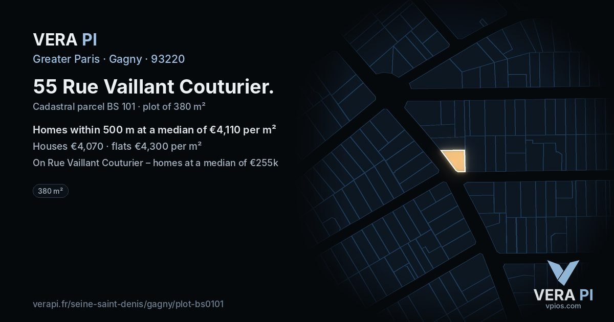 55 Rue Vaillant Couturier, Gagny at night – the plot lit, the parcels around coloured by the prices near them