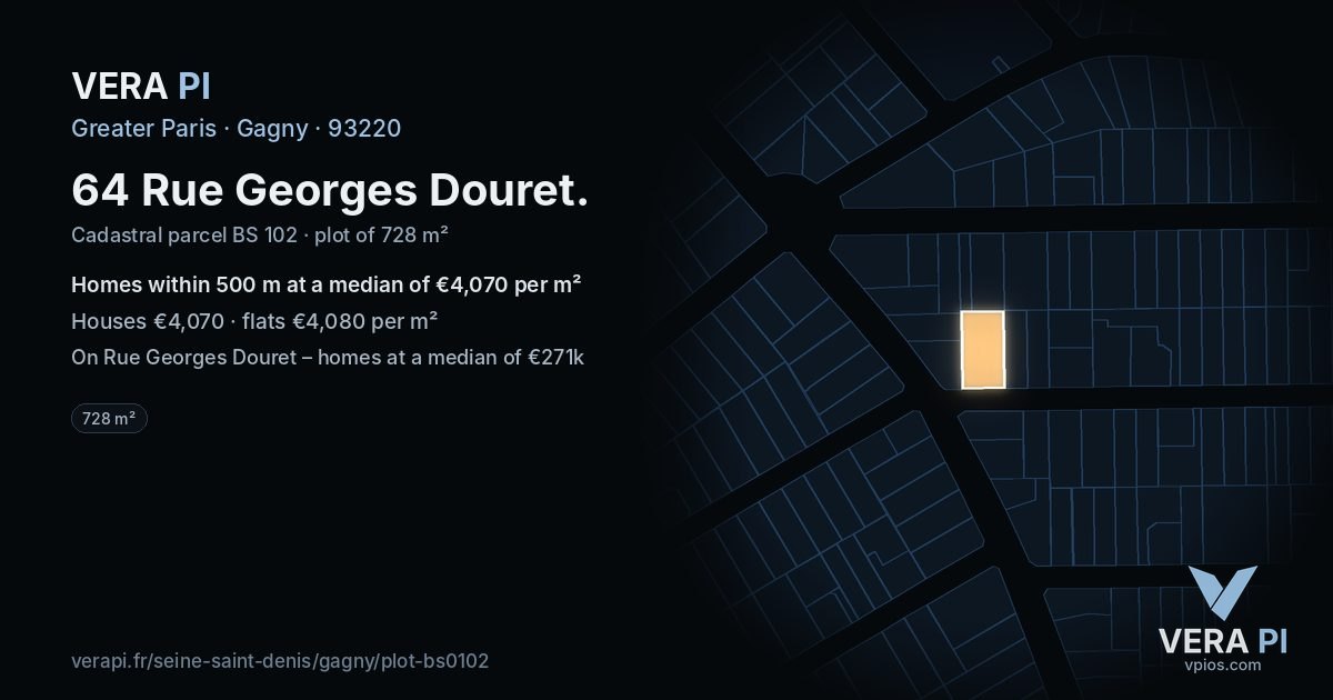 64 Rue Georges Douret, Gagny at night – the plot lit, the parcels around coloured by the prices near them