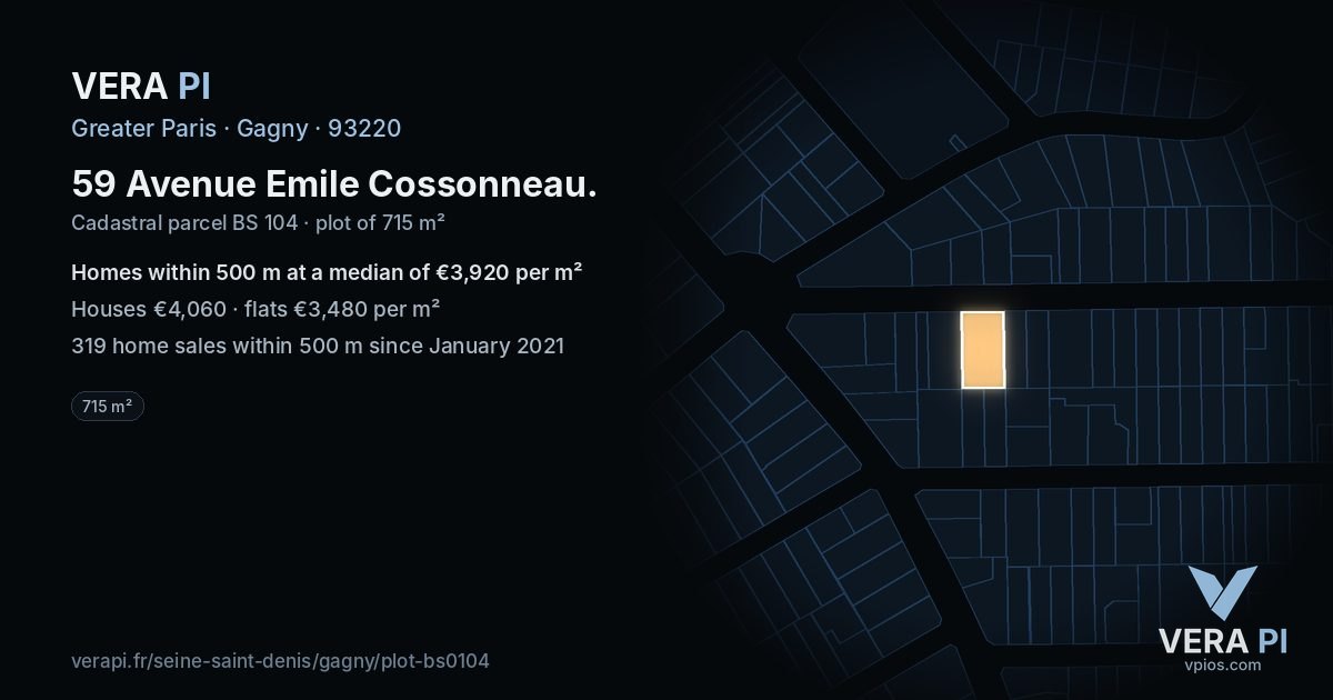 59 Avenue Emile Cossonneau, Gagny at night – the plot lit, the parcels around coloured by the prices near them