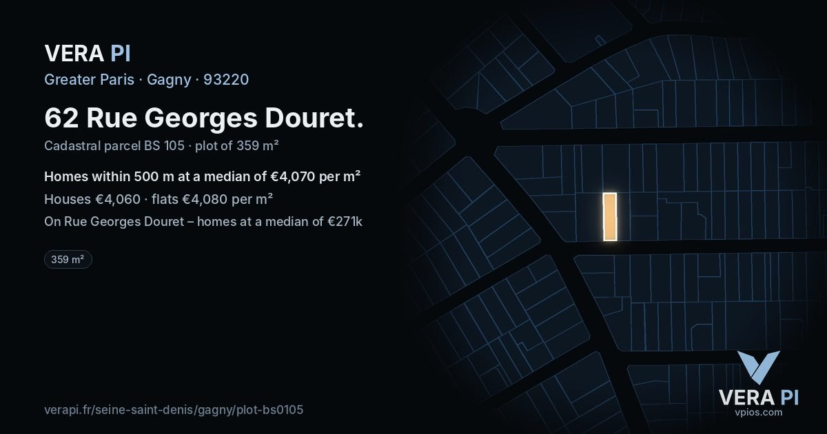 62 Rue Georges Douret, Gagny at night – the plot lit, the parcels around coloured by the prices near them